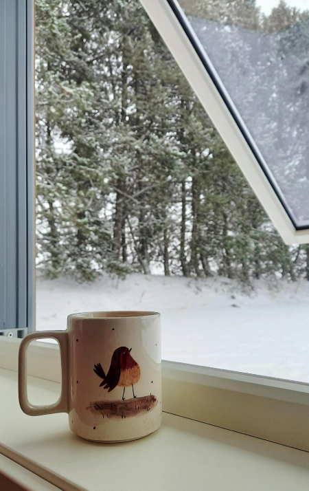 Eine Tasse mit Vogelmotiv vor winterlichem Gartenfenster